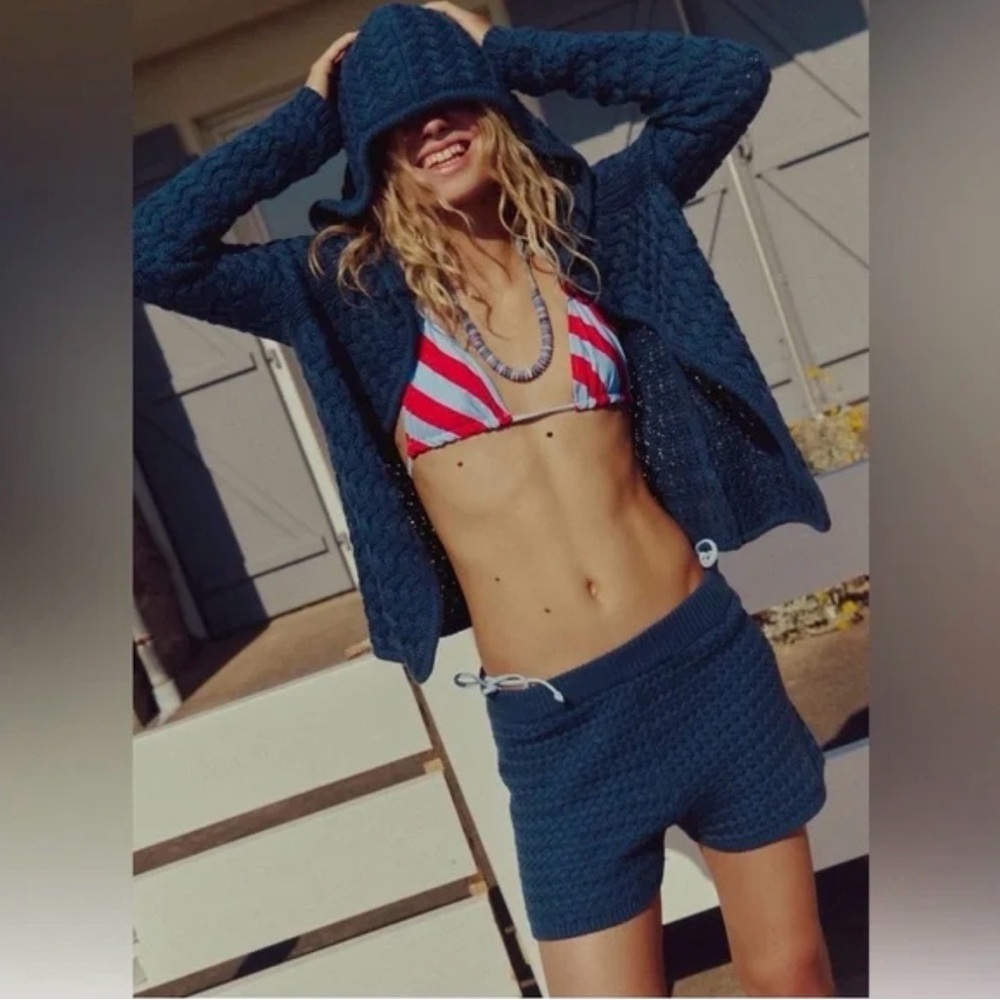 Free People Navy Knit Hoodie & Shorts Set with Red-White Stripe Bikini Top
